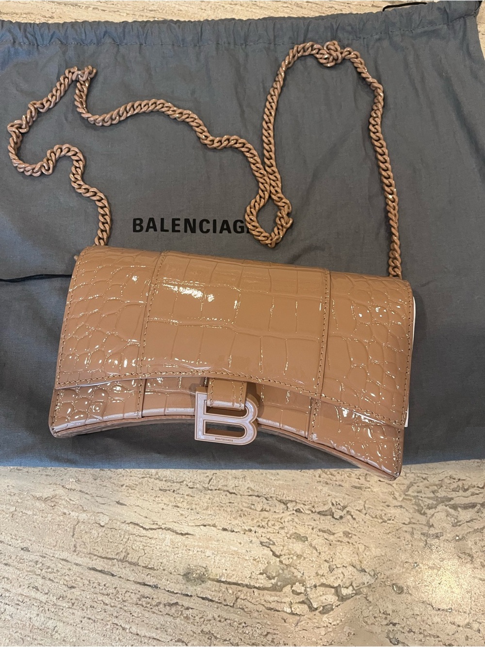 Balenciaga Glossy Croc-Embossed BB Shoulder Bag in Nude Brown